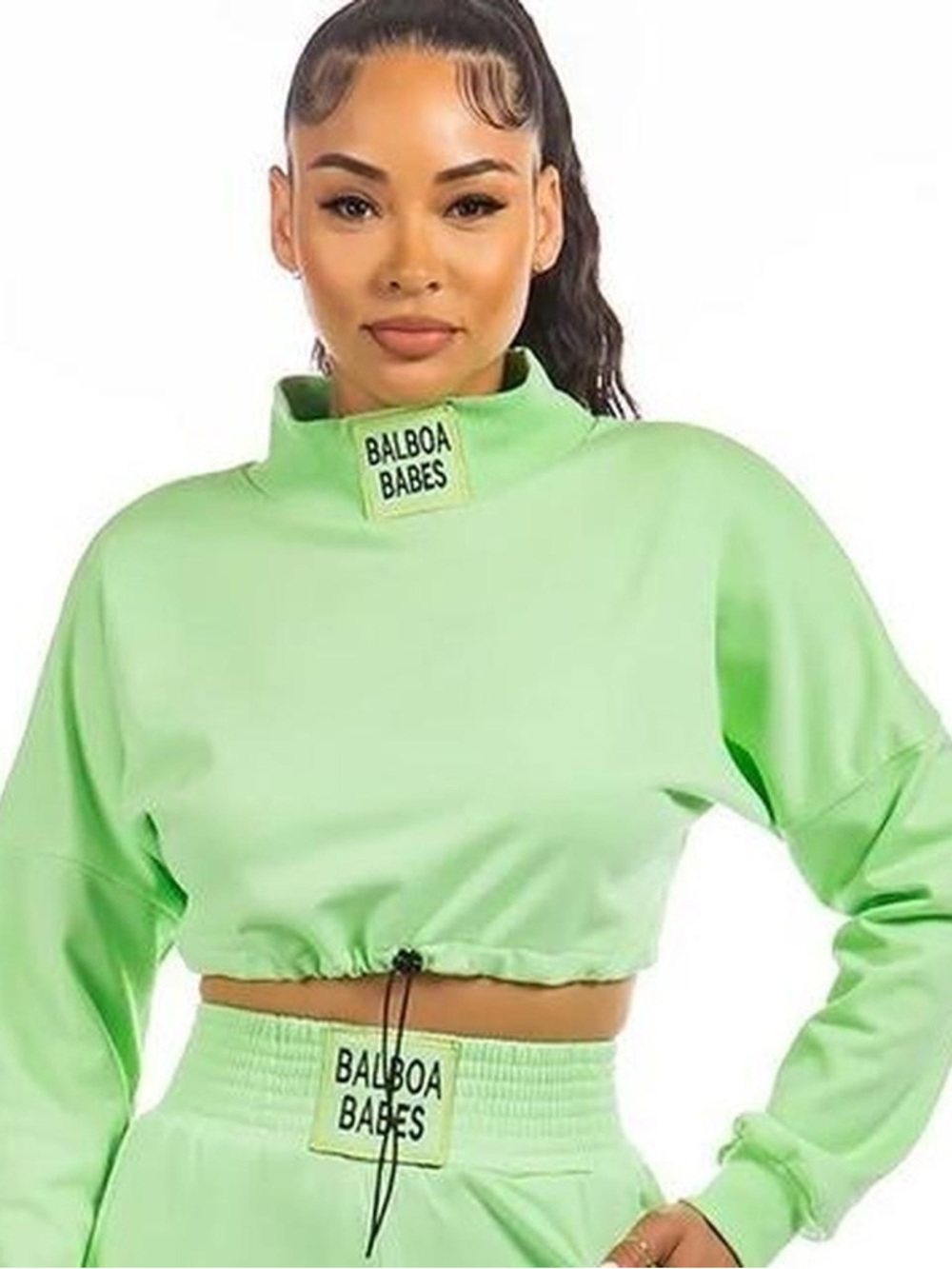 Balboa Babes Women's Cropped Mock Neck Sweatshirt in Neon Green